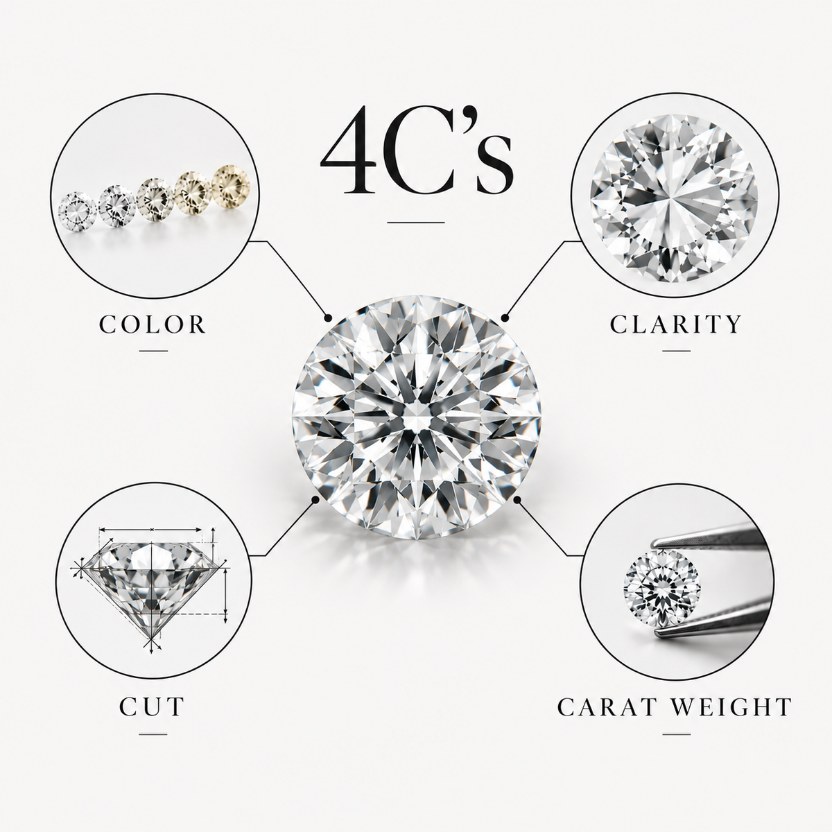 Infografik der 4 C's Cut, Color, Clarity und Carat Weight eines Diamanten – NÓIR Diamonds Academy