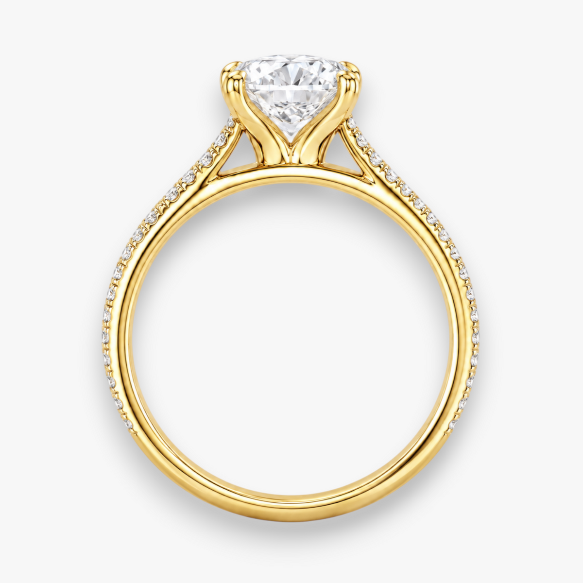 VITRA Solitär-Verlobungsring in Gelbgold mit Diamant-Pavé, Frontalansicht – NÓIR Diamonds