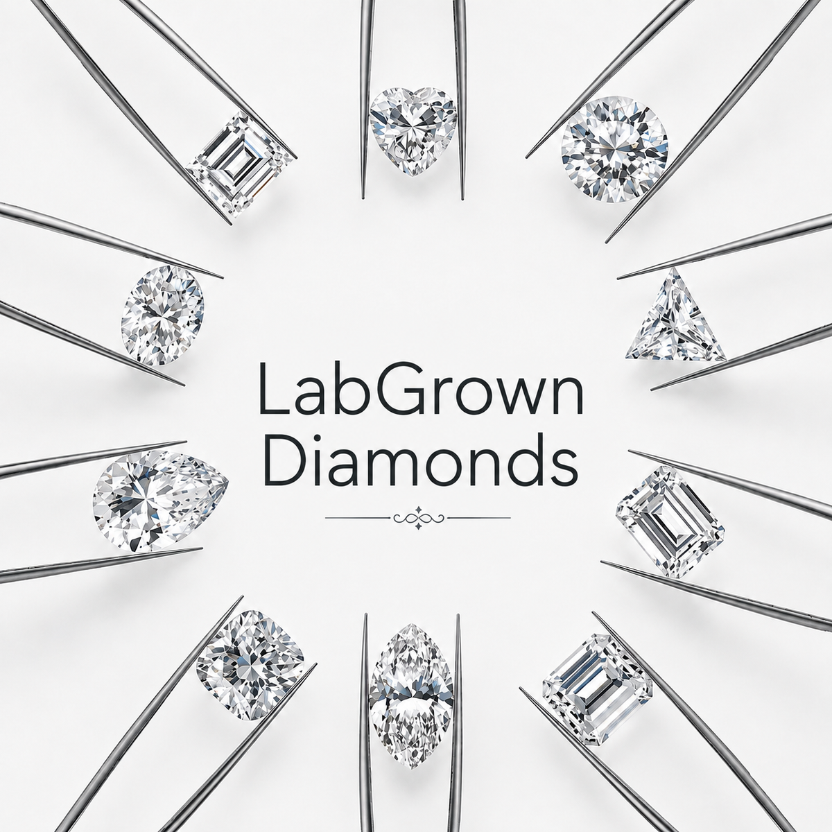Verschiedene Lab-Grown Diamant-Schliffe in Pinzetten rund um den Schriftzug LabGrown Diamonds – NÓIR Diamonds