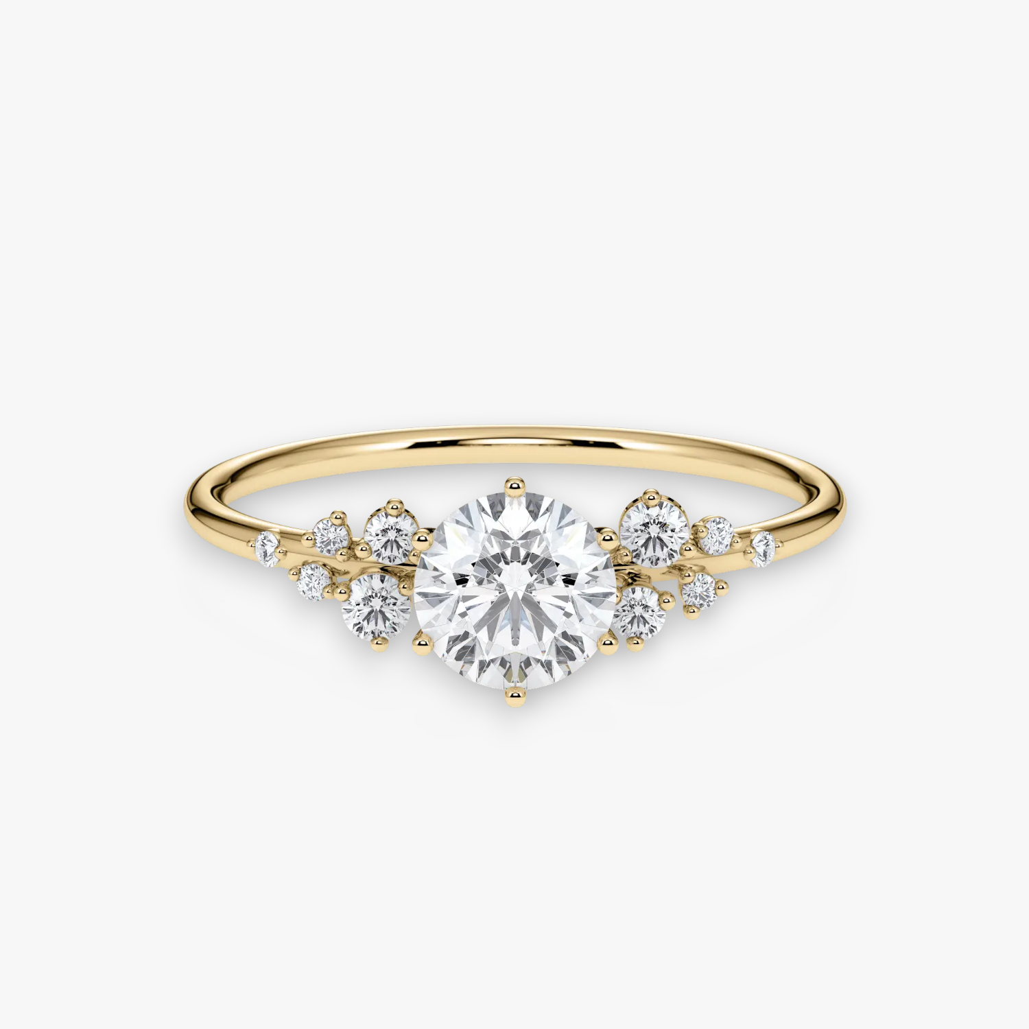 STARLIGHT Verlobungsring aus Gelbgold mit rundem Diamant-Solitär und Sternen-Cluster – Frontalansicht von NÓIR Diamonds