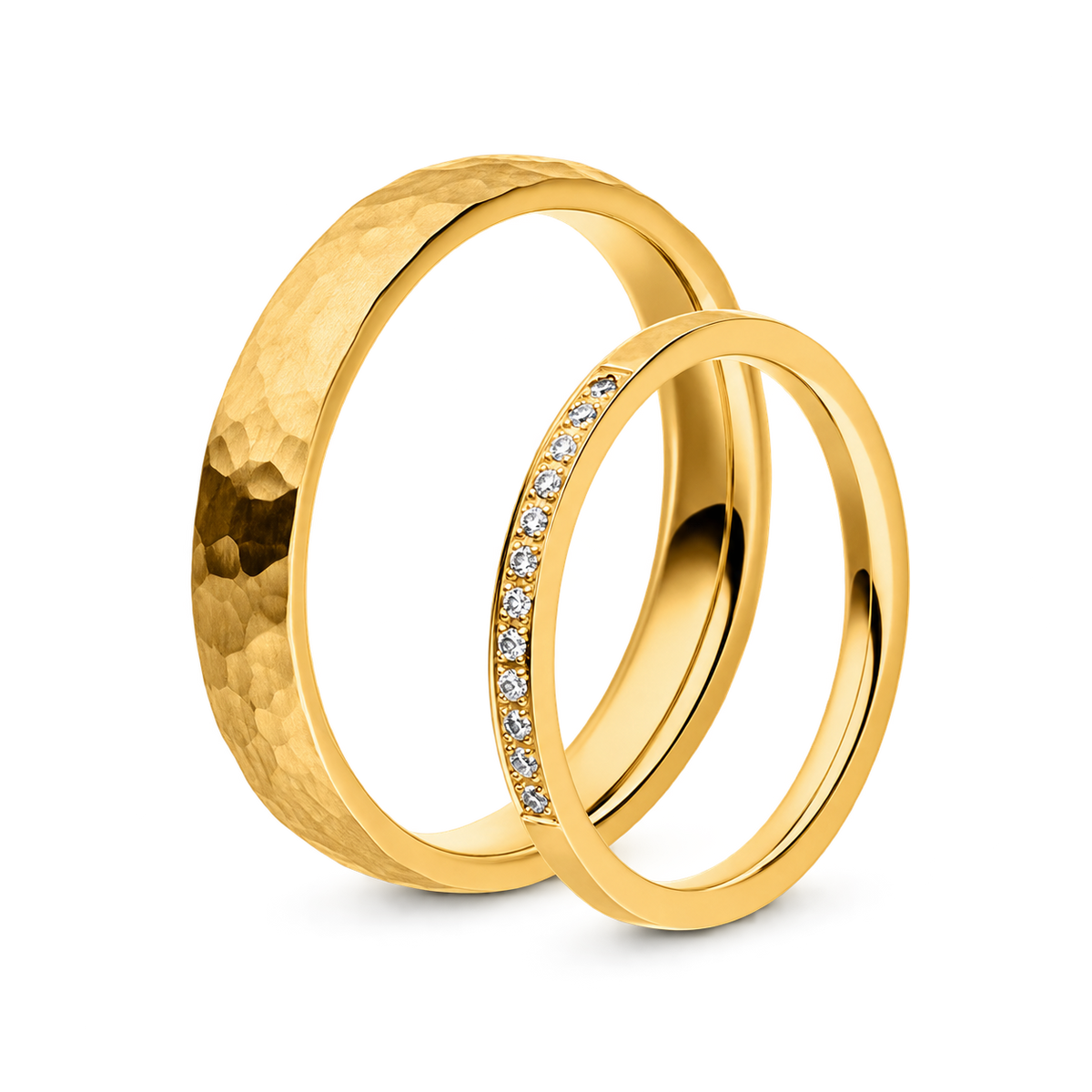 Manufaktur Trauringe Gelbgold I Jordan & Savannah – Produktansicht | NÓIR Diamonds