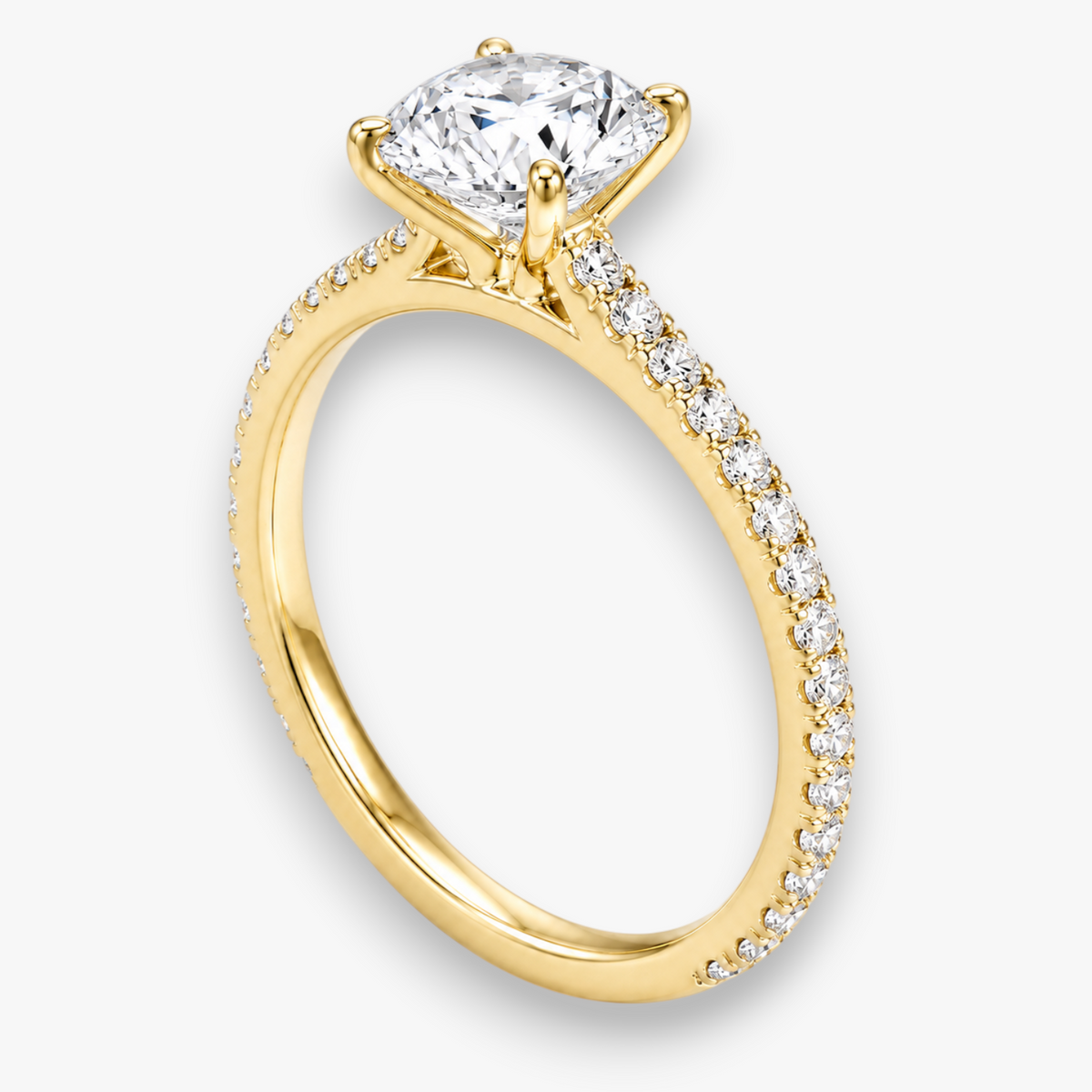 VITRA Solitär-Verlobungsring in Gelbgold mit Diamant-Pavé, Seitenansicht – NÓIR Diamonds