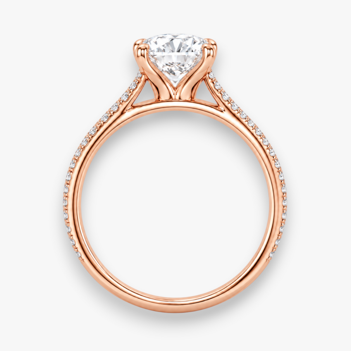 VITRA Solitär-Verlobungsring in Roségold mit Diamant-Pavé, Frontalansicht – NÓIR Diamonds