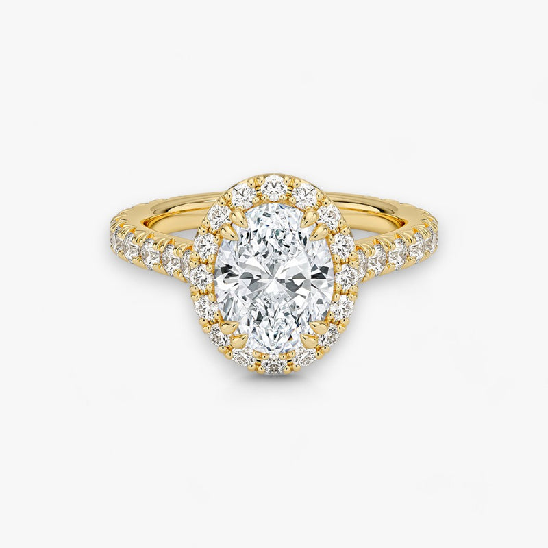 Exklusiver Diamantring aus Gelbgold mit einem 2-Karat Oval LabGrown geschliffenen Diamanten, umgeben von einem eleganten Pavé-Halo-Design. Luxuriöser Verlobungsring mit brillantem Steinfunkeln und hochwertiger Handwerkskunst – perfekt für Hochzeitsanträge. Premium-Schmuck für anspruchsvolle Kunden, geeignet für besondere Anlässe.