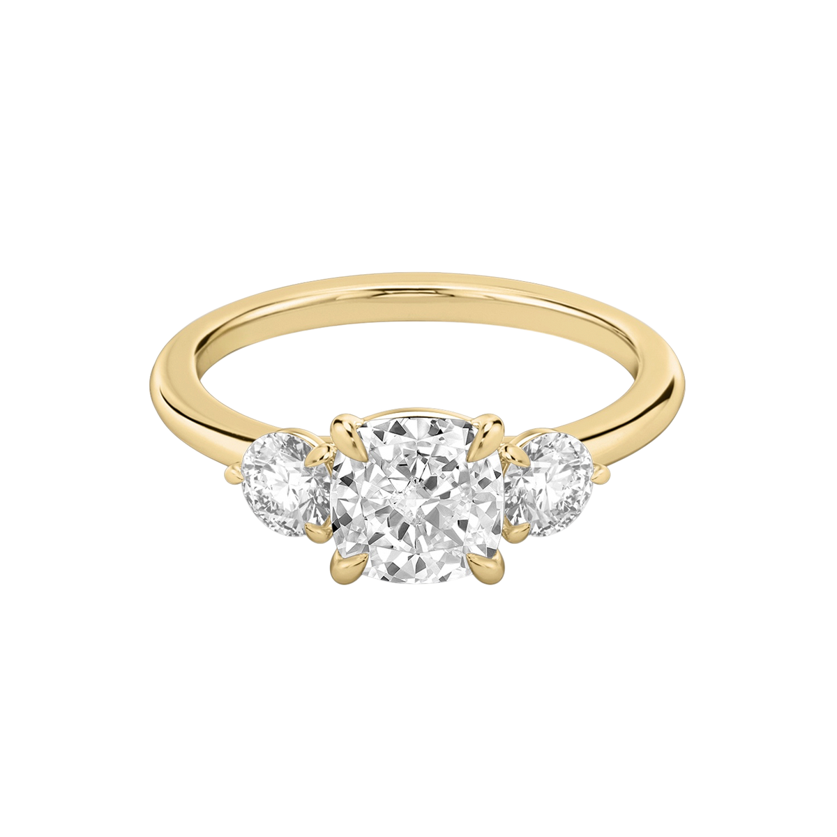 Verlobungsring TRILOGIE, Cushion Gelbgold Lab-Grown-Diamant, Seitensteine Rund – Produktansicht | NÓIR Diamonds