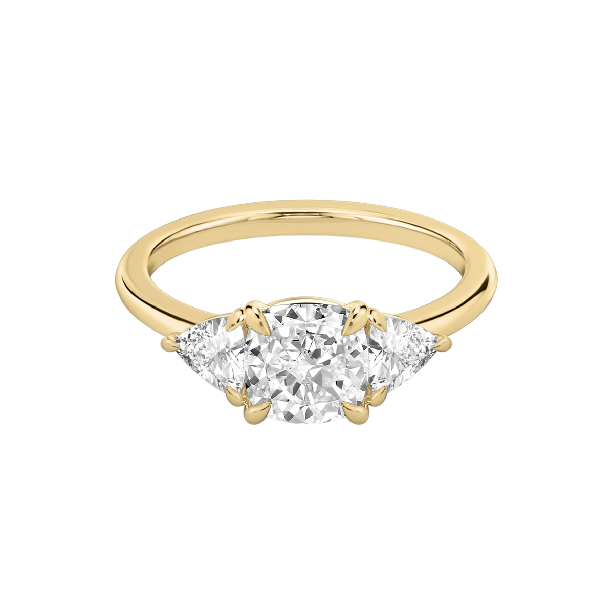 Verlobungsring TRILOGIE, Cushion Gelbgold natürliche Diamanten, Seitensteine Trillant – Produktansicht | NÓIR Diamonds