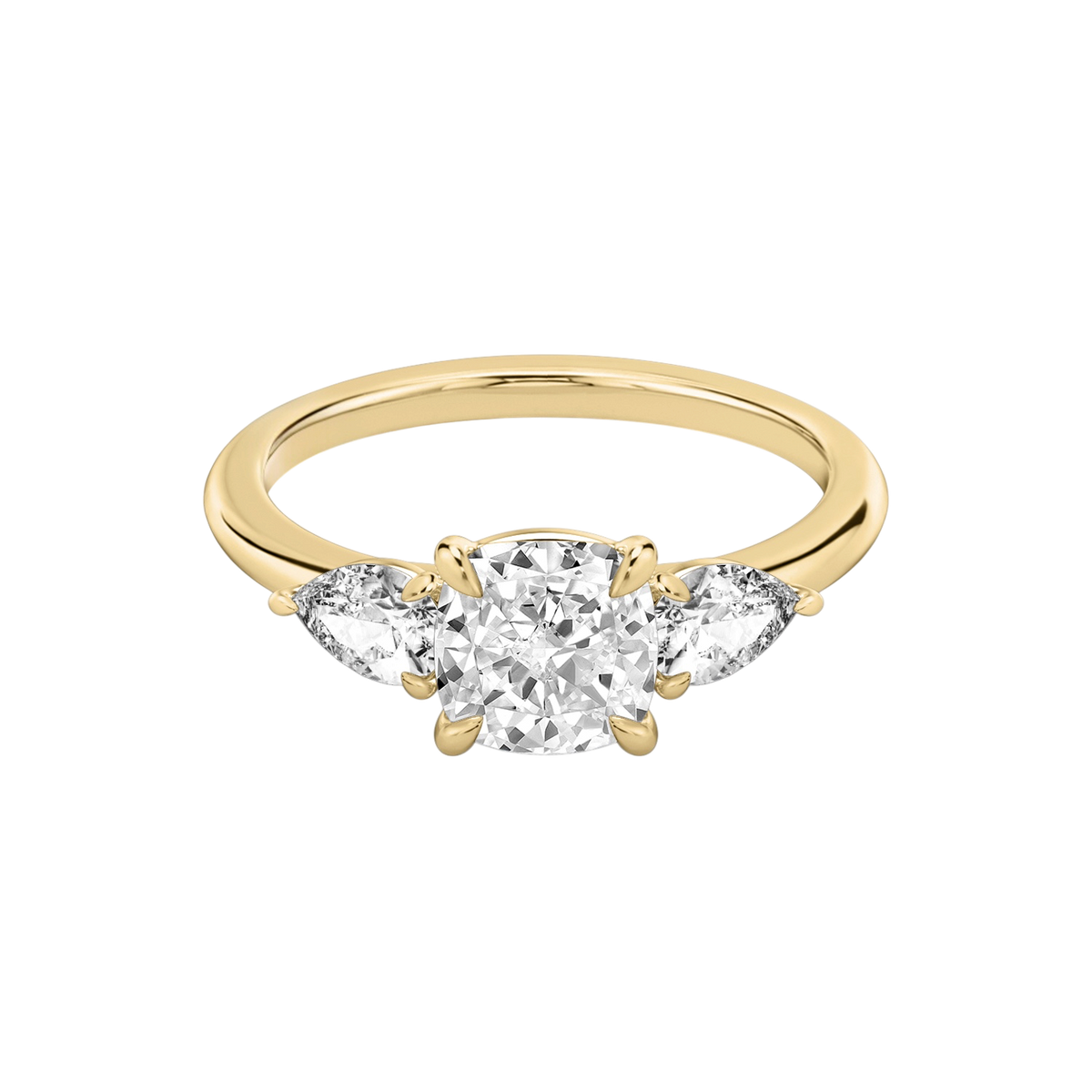 Verlobungsring TRILOGIE, Cushion Gelbgold Lab-Grown-Diamant, Seitensteine Tropfen – Produktansicht | NÓIR Diamonds
