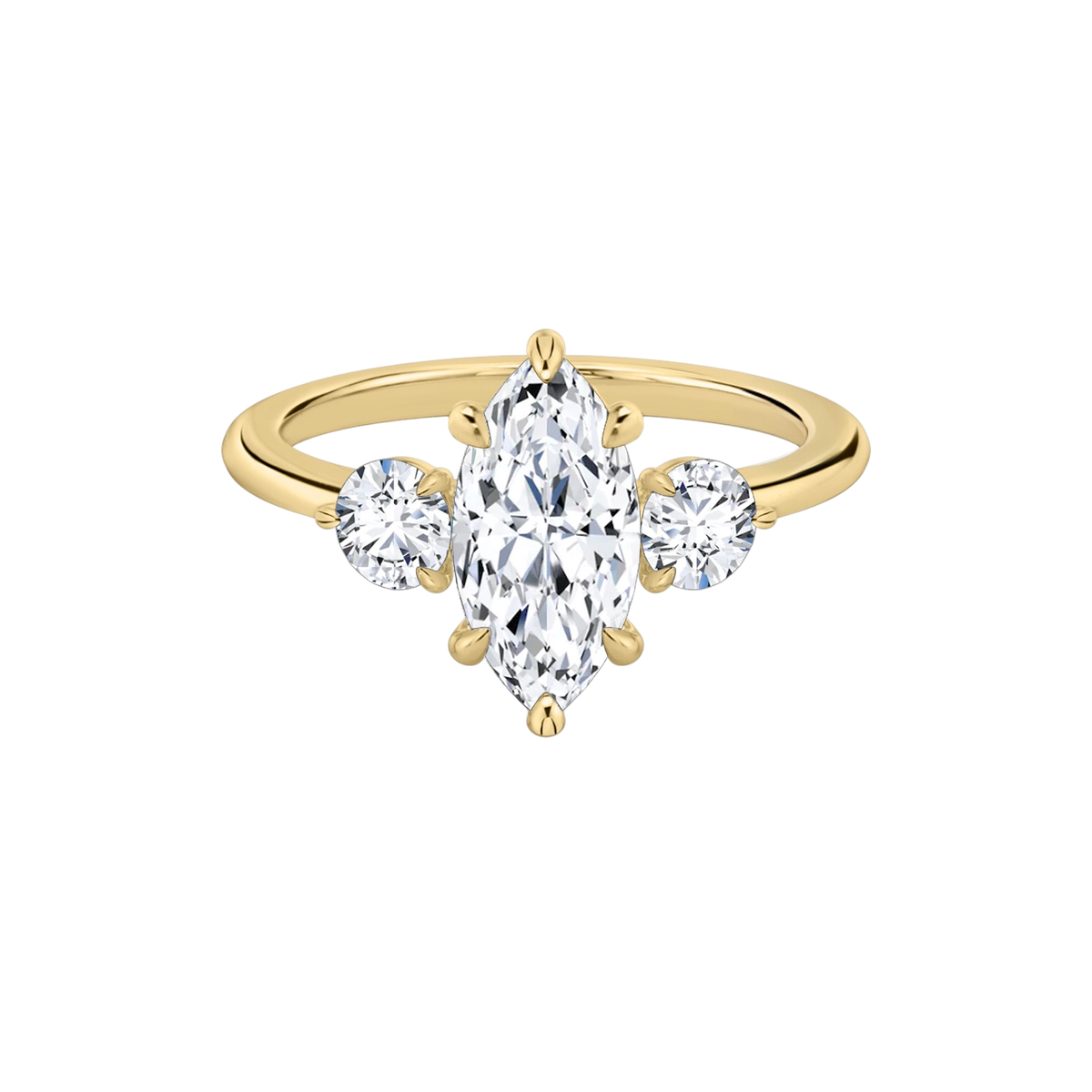 Verlobungsring TRILOGIE, Marquise Gelbgold Lab-Grown-Diamant, Seitensteine Rund – Produktansicht | NÓIR Diamonds