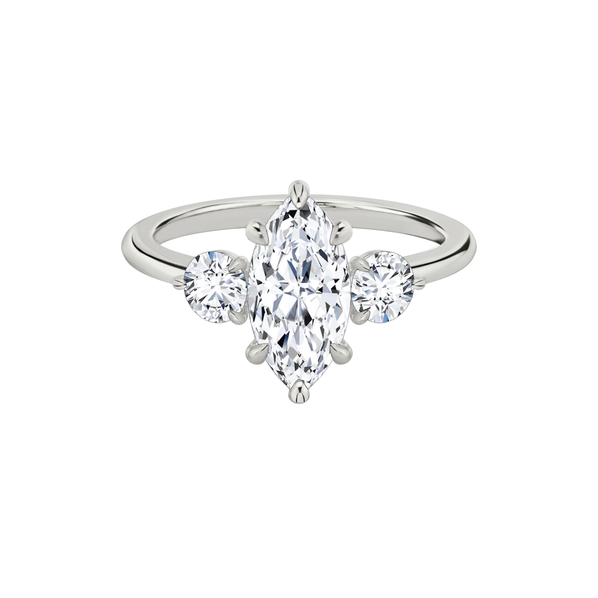 Verlobungsring TRILOGIE, Marquise Platin Lab-Grown-Diamant, Seitensteine Rund – Produktansicht | NÓIR Diamonds