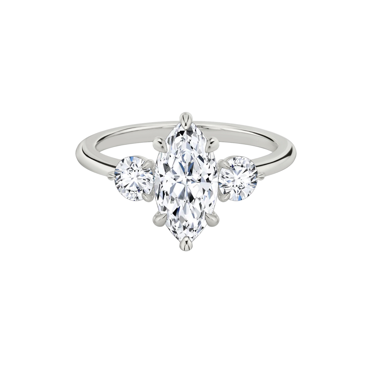 Verlobungsring TRILOGIE, Marquise Weissgold Lab-Grown-Diamant, Seitensteine Rund – Produktansicht | NÓIR Diamonds