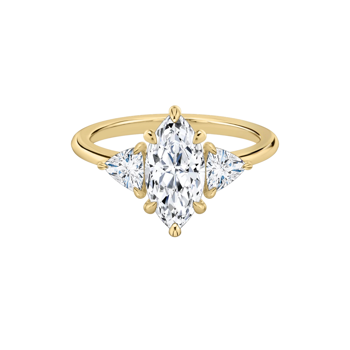Verlobungsring TRILOGIE, Marquise Gelbgold Lab-Grown-Diamant, Seitensteine Trillant – Produktansicht | NÓIR Diamonds
