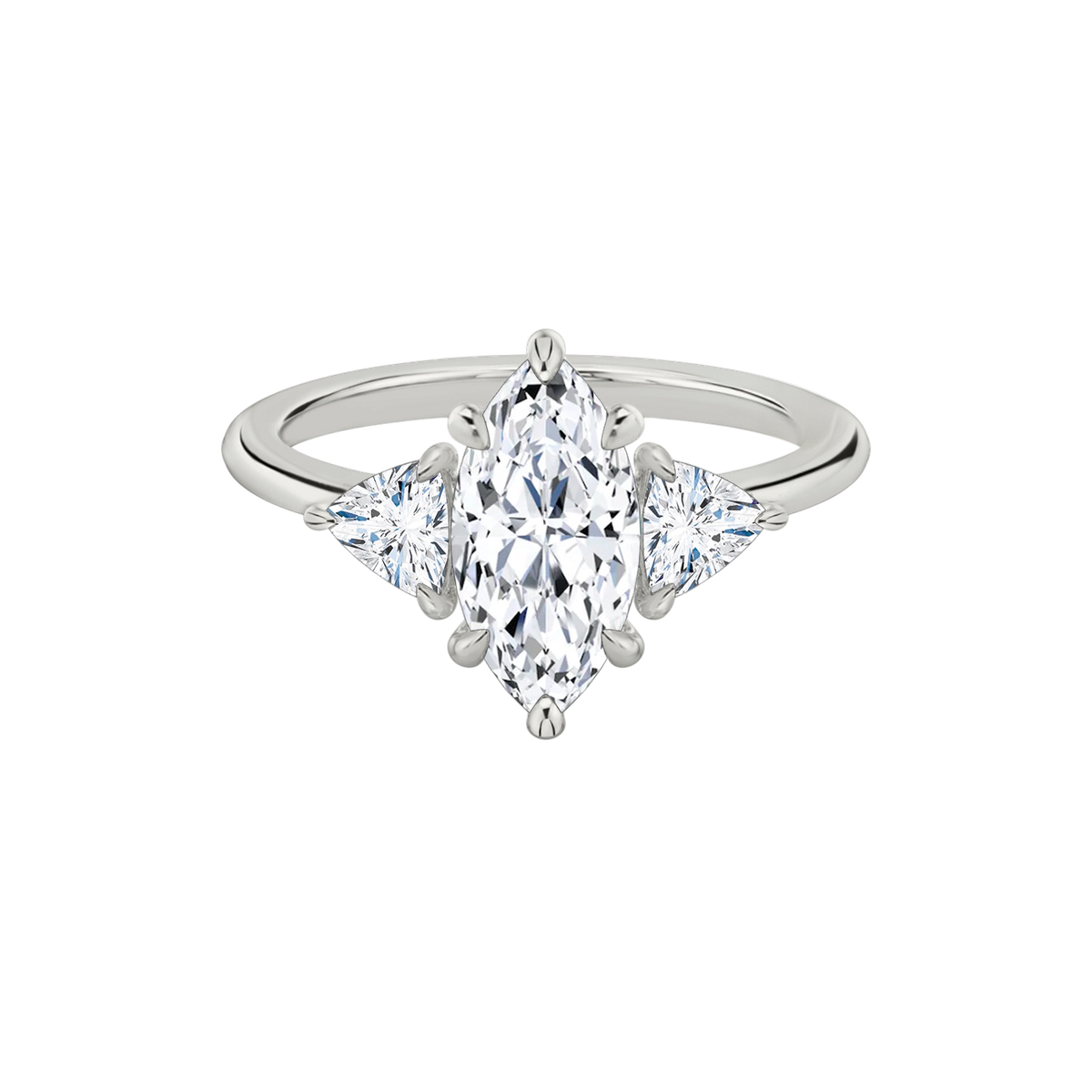 Verlobungsring TRILOGIE, Marquise Platin Lab-Grown-Diamant, Seitensteine Trillant – Produktansicht | NÓIR Diamonds