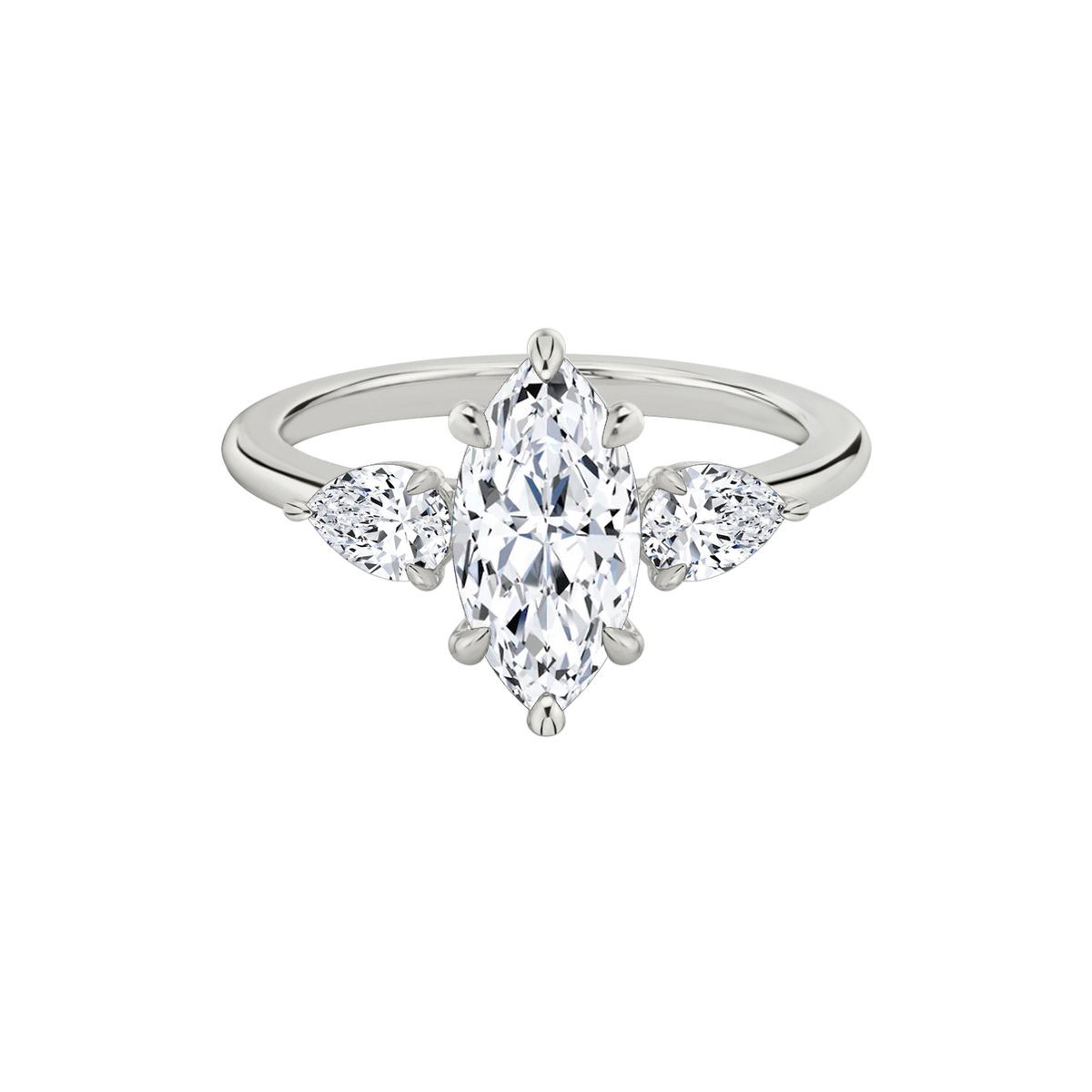 Verlobungsring TRILOGIE, Marquise Weissgold Lab-Grown-Diamant, Seitensteine Tropfen – Produktansicht | NÓIR Diamonds