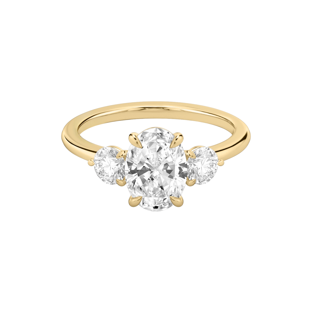 Verlobungsring TRILOGIE, Oval Gelbgold Lab-Grown-Diamant, Seitensteine Rund – Produktansicht | NÓIR Diamonds
