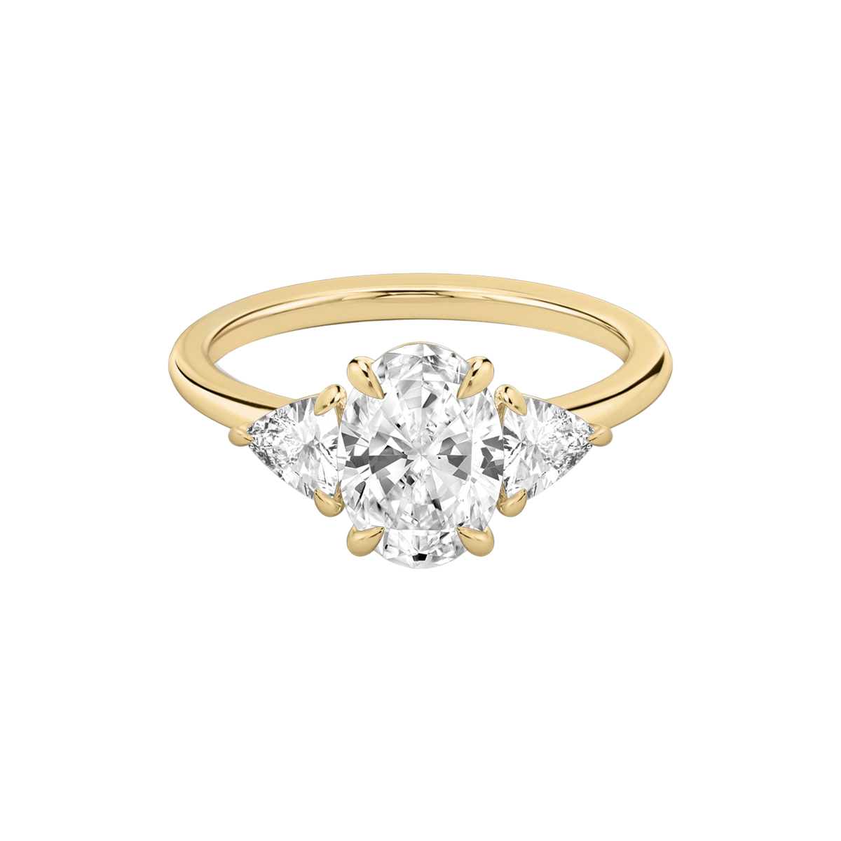 Verlobungsring TRILOGIE, Oval Gelbgold Lab-Grown-Diamant, Seitensteine Trillant – Produktansicht | NÓIR Diamonds
