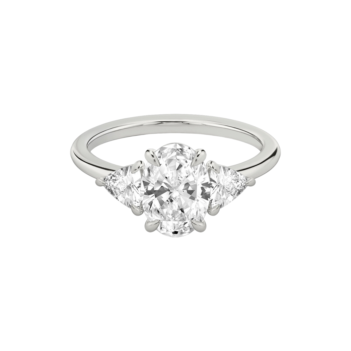Verlobungsring TRILOGIE, Oval Platin Lab-Grown-Diamant, Seitensteine Trillant – Produktansicht | NÓIR Diamonds